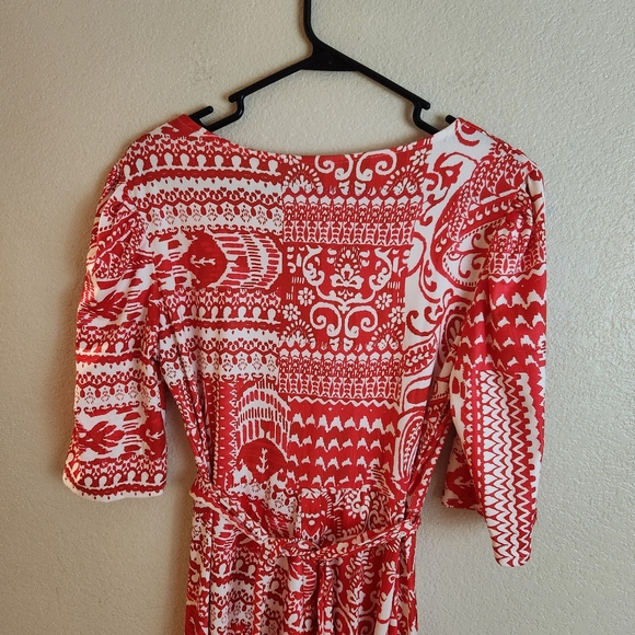 Women's Red Printed Belted Summer Jersey Dress Tropical Vacation Spring - Picture 3 of 6